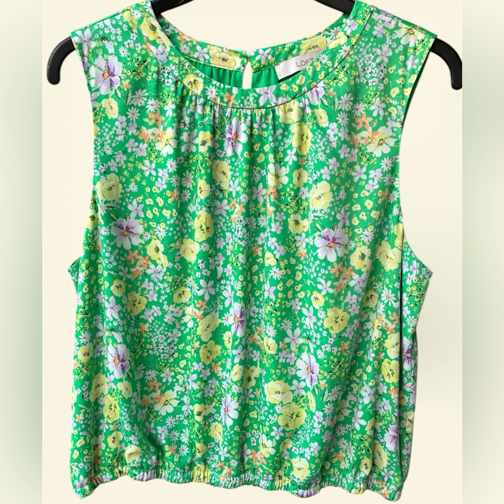 🌻LOFT Green and yellow Floral Sleeveless Blouse Size XL Keyhole Back Summer
